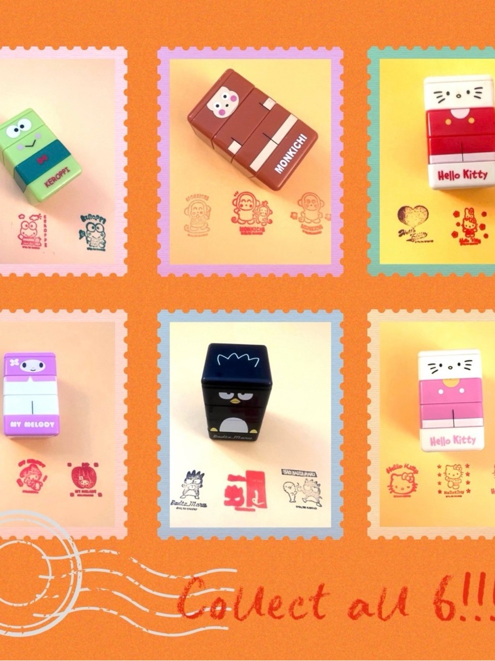 6 Rare Vintage Sanrio Mini Stackable Character Figures Stamp.